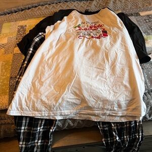 White Graphic Tee with Black Plaid Lounge Pants Set